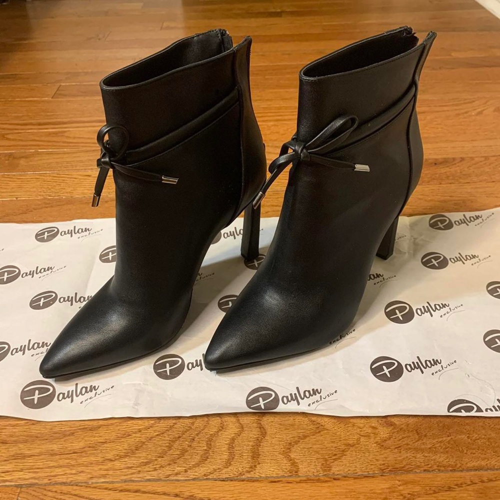 Faux leather black pointed toe heel boots